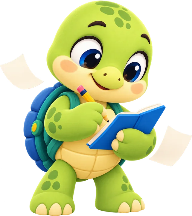La tortuga de Aprendamos anotando en su cuaderno